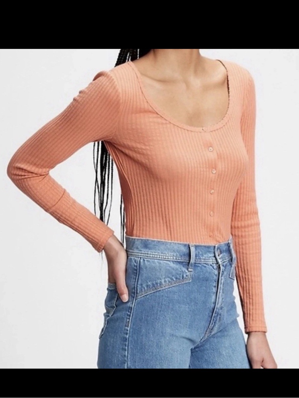 NWT Gap Large Long Sleeve Top Pointelle Button Front T Shirt Orange Ribbed scoop